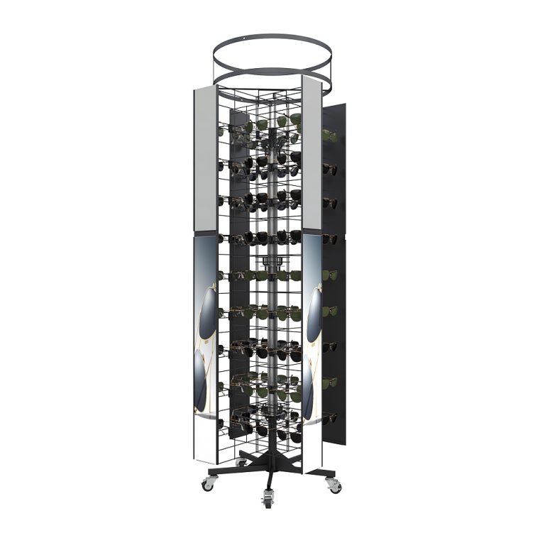 Lighted sunglasses display rack with mirror