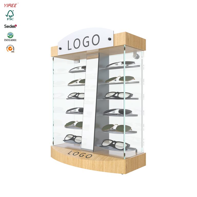 Top wood and glass sunglasses counter display